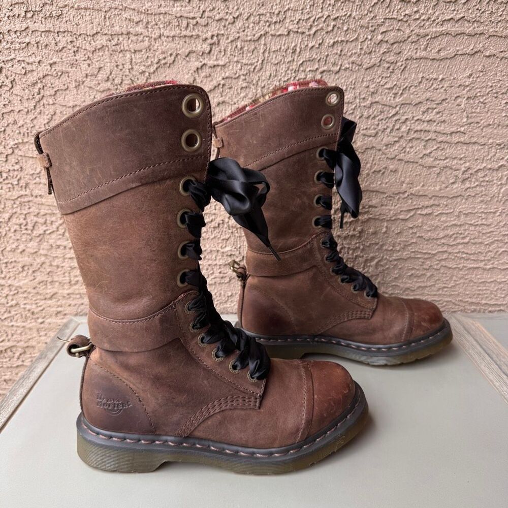 Dr. Martens Triumph Boots Womens Sz 8 Brown Pink Floral Foldover Tall Combat - Picture 3 of 15